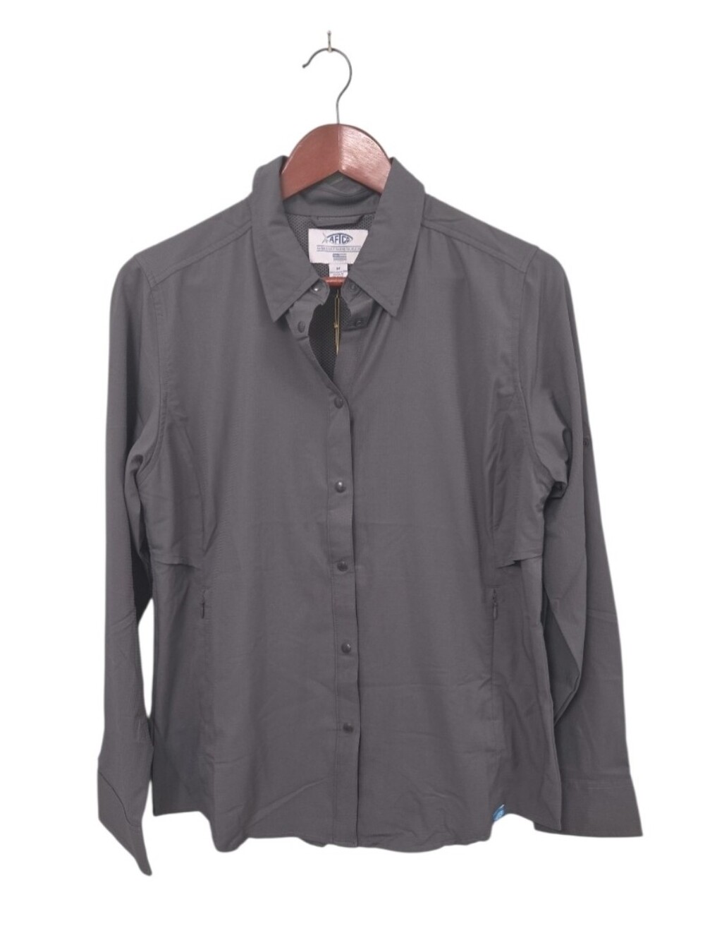 AFTCO Gray Button Down Fishing Top Womens Size Medium 50 Af Block Stain Blocker